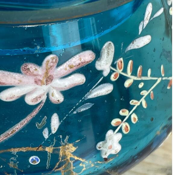 Vtg Signed Moser Art Glass Blue Coral Floral Vanity Jar with Lid Good Condition - Picture 5 of 12